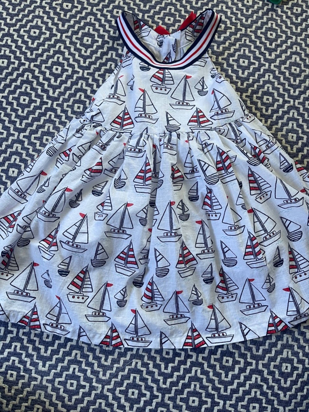 Little Me Girls White Nautical Sailboat Dress with Red & Navy Trim